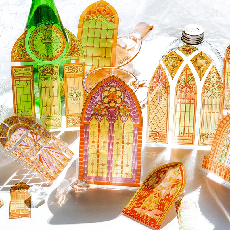 

Vintage Church Glass Window Stickers PET Transparent Aesthetic Labels Phone Accessories Scrapbooking Journal Supplies Decor Room