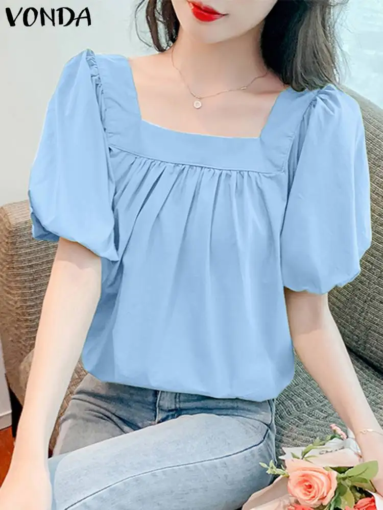

2023 VONDA Women Blouses Solid Color Sexy Square Collar Fashion Tunic Tops Summer Shirts Casual Pleated Short Puff Sleeve Blusas