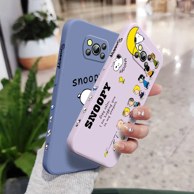 

Anime Snoopy Cute Phone Case For Xiaomi POCO F3 X4 X3 NFC GT X2 C31 C3 M2 M3 M4 Pro Liquid Left Rope Funda Cover