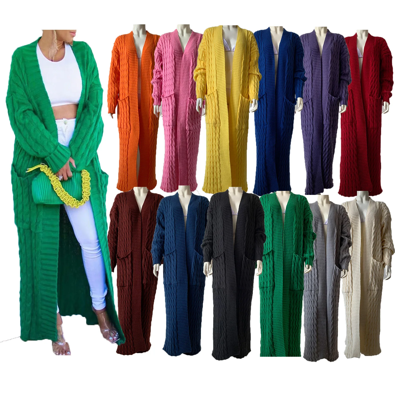 

Cardigan Women Green Knitted Crochet Loose Full Sleeve Female Sweater 2022 Autumn Winter Warm Casual Office Lady Long Cardigans