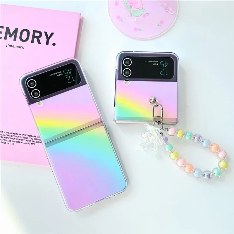 

Ins Style Gradient Rainbow Lanyard Phone Case for Samsung Galaxy Z Flip 4 3 Hard Cover for ZFlip3 Zflip4 Solid Shell Bracket