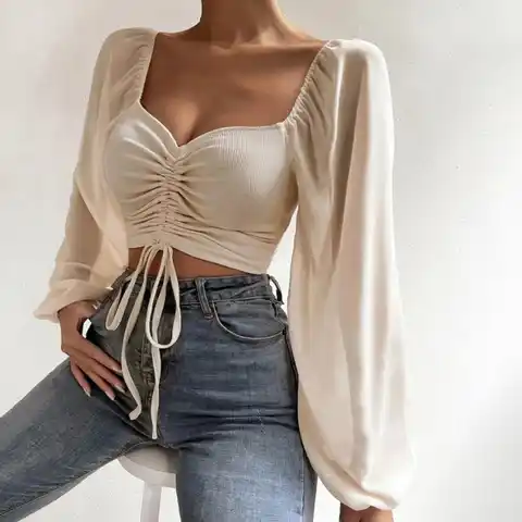 Summer Women Blouse Square Shirring Ribbed Exposed Navel Collar Lantern Long Sleeve Pullover Top Club Wear 2022