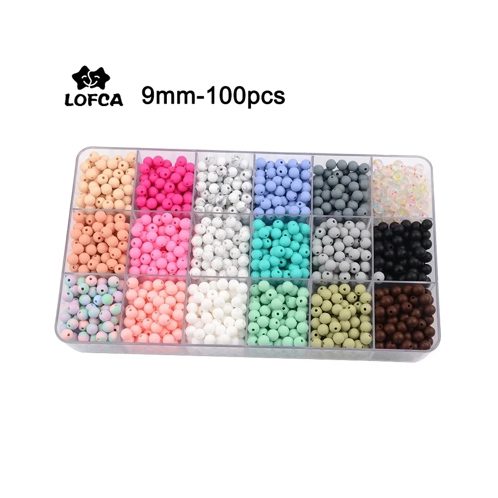 LOFCA 100pcs/lot  9mm Silicone beads Loose Teether Beads BPA Free Food Grade Baby Teether Chew  DIY Jewelry Necklace Making