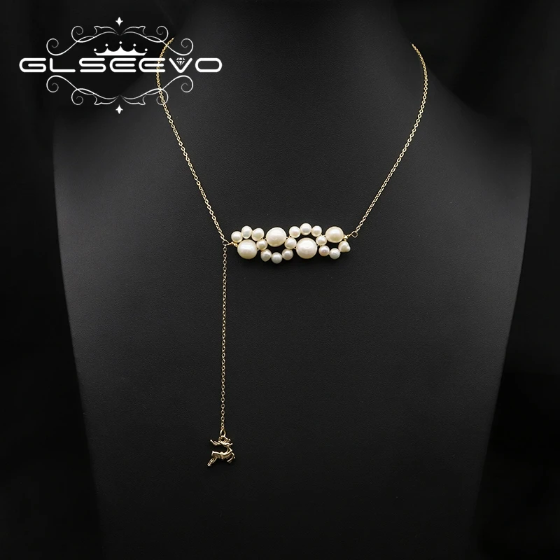 

GLSEEVO Flat Elk More Natural Pearls Long Chain Pendant Necklace New Design Luxury Fashion Popular Charm Jewelry Accessories