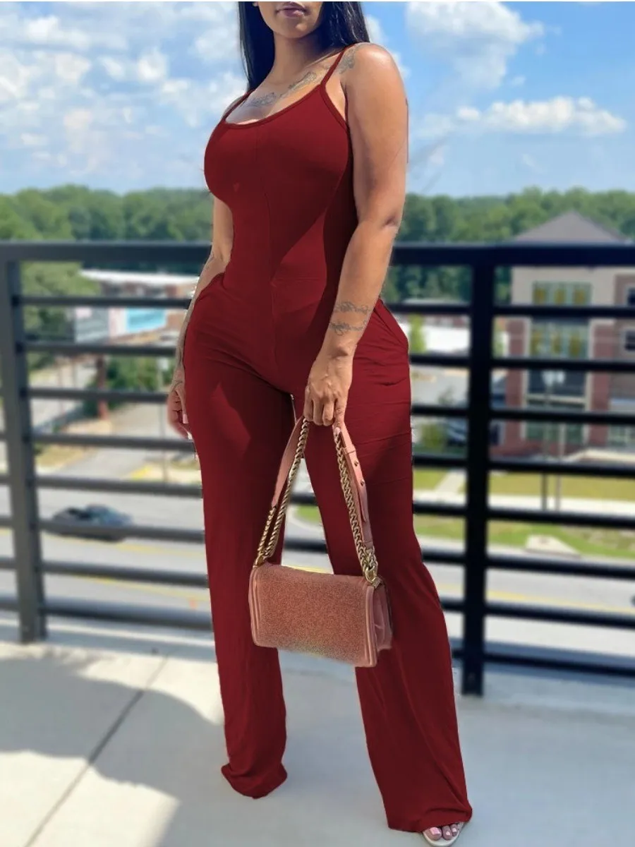 LW Cami Jumpsuit Casual skinny Jumpsuit Women Summer Solid Straps Wide Leg Pants Sleeveless sexy Bodycon Jumpsuits Y2K Playsuit