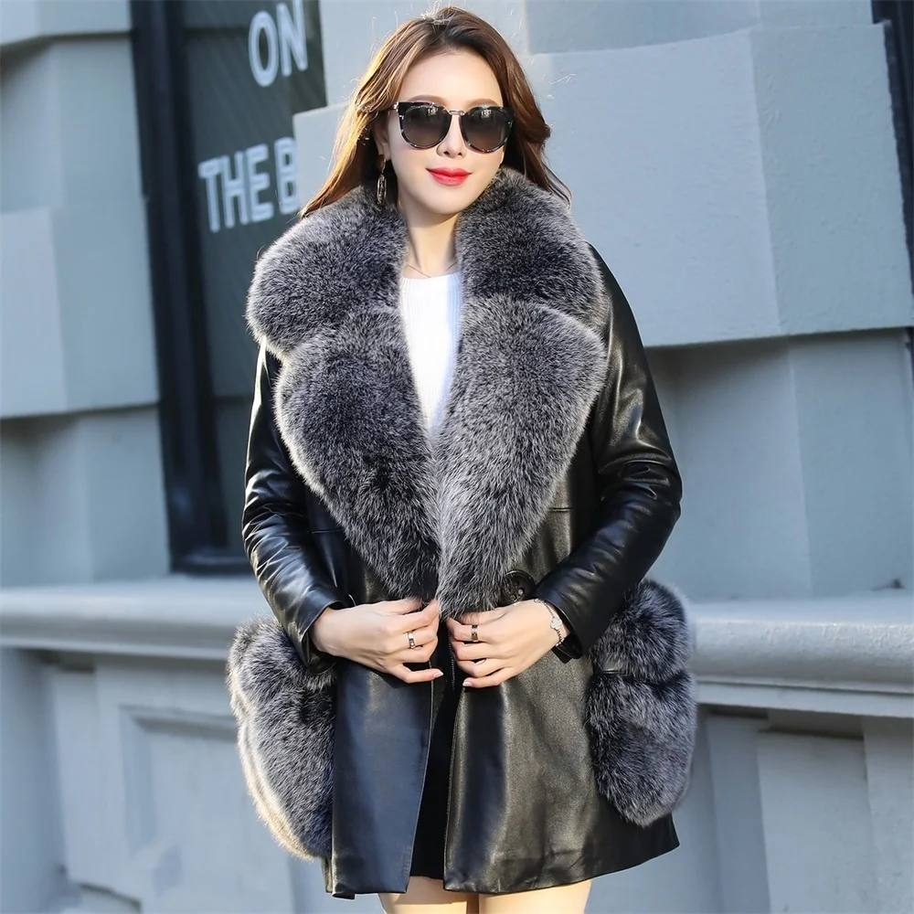 

Leather Jacket Genuine Women Real Fox Fur Collor Down Jacket Sheepskin Winter Coat Women 2023 Korean Slim Fit Abrigo Mujer ZT395