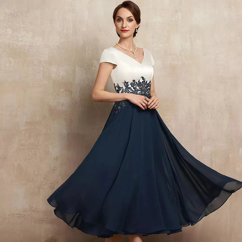 

2022 Chiffon Tea Length Mother Of The Bride Dress For Woman Short Sleeves A Line With Applique Elegant Wedding Guest Gown