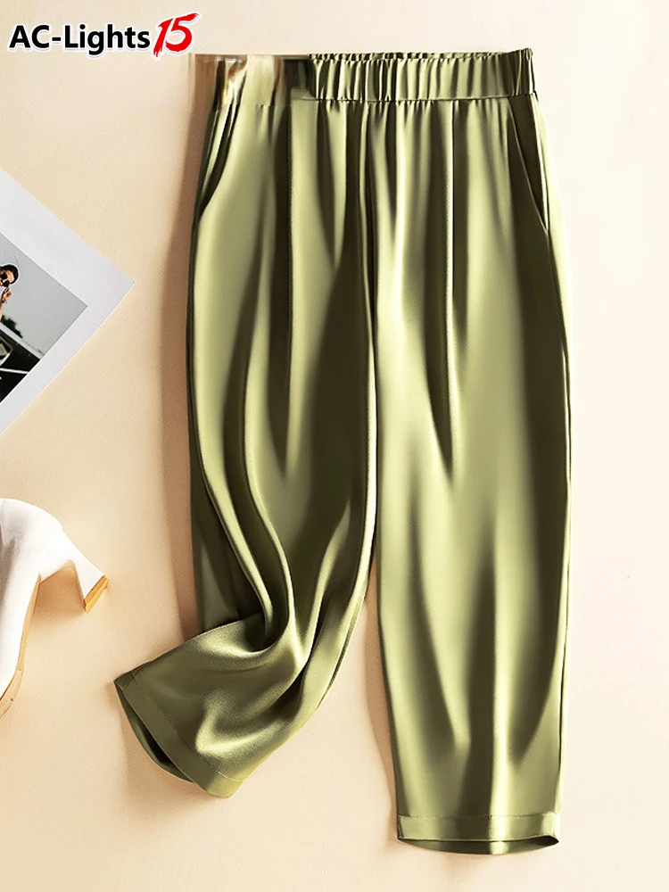 

Women's Summer Harem Pants with Pockets Vintage Capri Breeches Korean Style Brown Loose Silk Satin Pants Solid Color Trousers