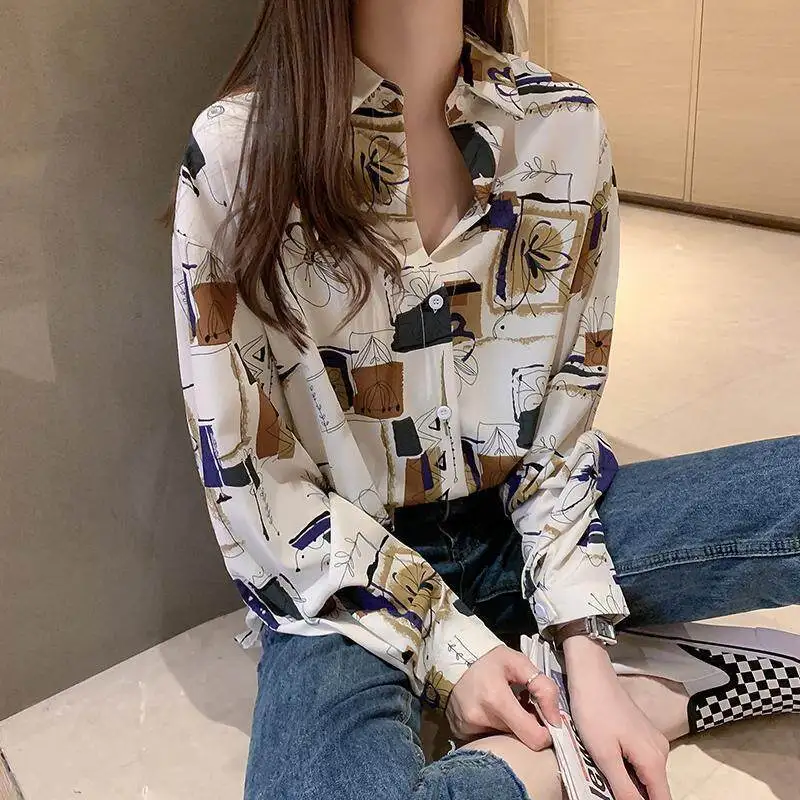 

New Fashion Women Blouse Retro Print Loose Korean Style Long Sleeve Shirt Casual Ladies Top