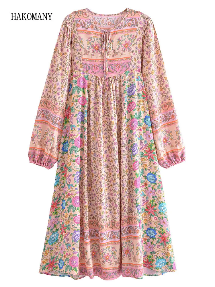 

2022 Woman Full Lantern Sleeve Loose Holiday Beach Robe BOHO Lacing up V Collar Stitching Pink Flower Print Midi Long Dress