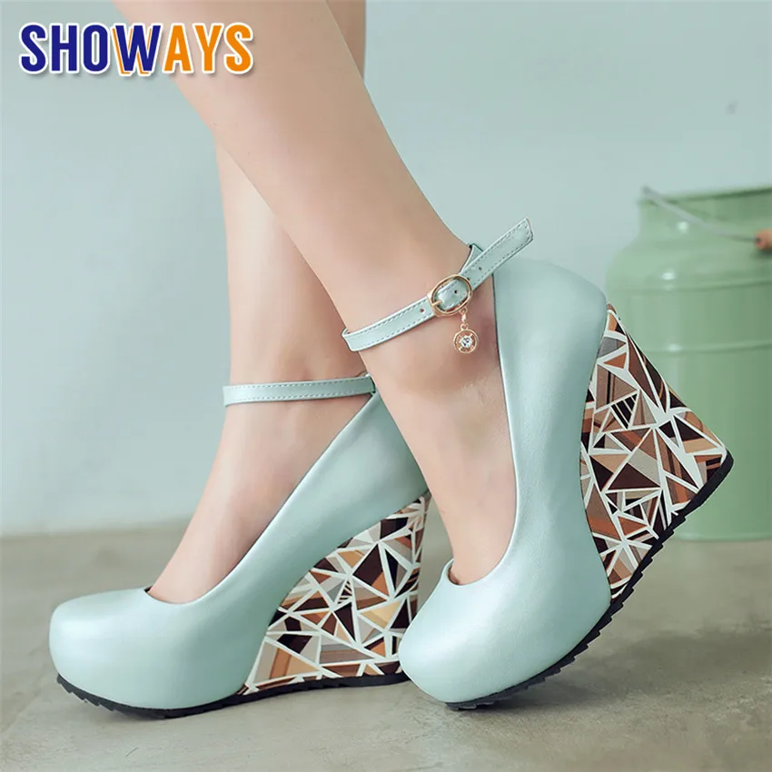 

Big Size Sweet Women Wedge Pumps High Thick Heels Pink Blue White Wedding Party Office Lady Round Toe Ankle Strap Platform Shoes