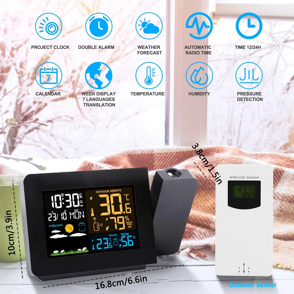 Alarm Clock Digital Projection with Weather Stations Wireless Thermometer Hygrometer Forecast Station Dual Clocks | Дом и сад