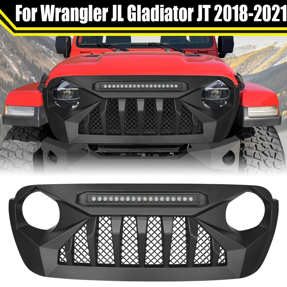 

Front Upper Grille Mesh Cover Bumper Grills Grill With LED Light Bar For Jeep Wrangler JL Gladiator JT 2018-2021 ​Accessories