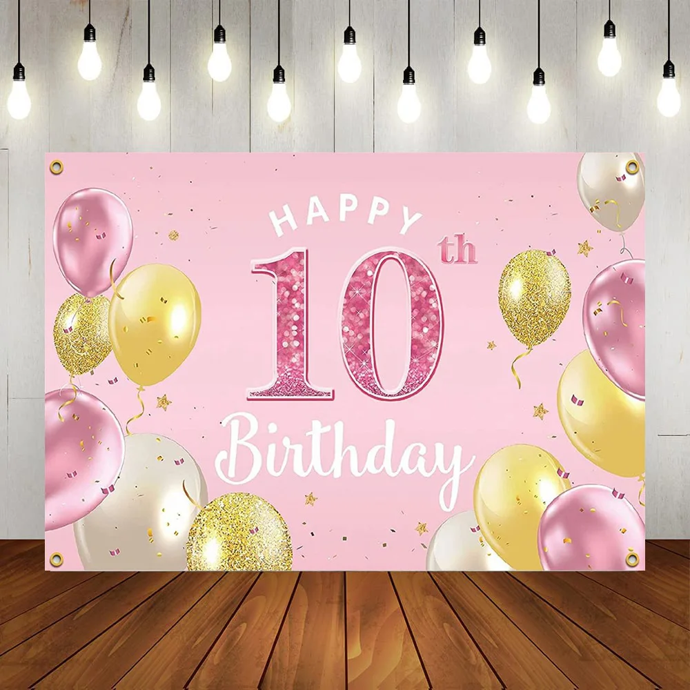 

Happy 10th Birthday Backdrop Glitter Diamonds Pink White Balloons Banner Rose Decorations Girl Anniversary Photo Backdrop Poster