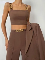 elegant simple solid two pieces sets women sleeveless crop topshigh waist straight pants matching lady high street suit