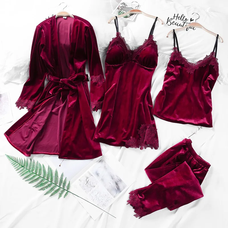 

2020 gold velvet 4 piece set warm pajamas set women's sexy lace pajamas pajamas set sleeveless pyjamas home suit clothing
