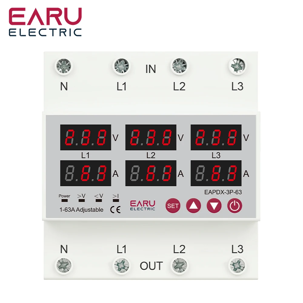 

Трехфазное реле защиты от пониженного напряжения и тока, 3*220 В, 380 В, 63 А, 100 А, DIN-рейка