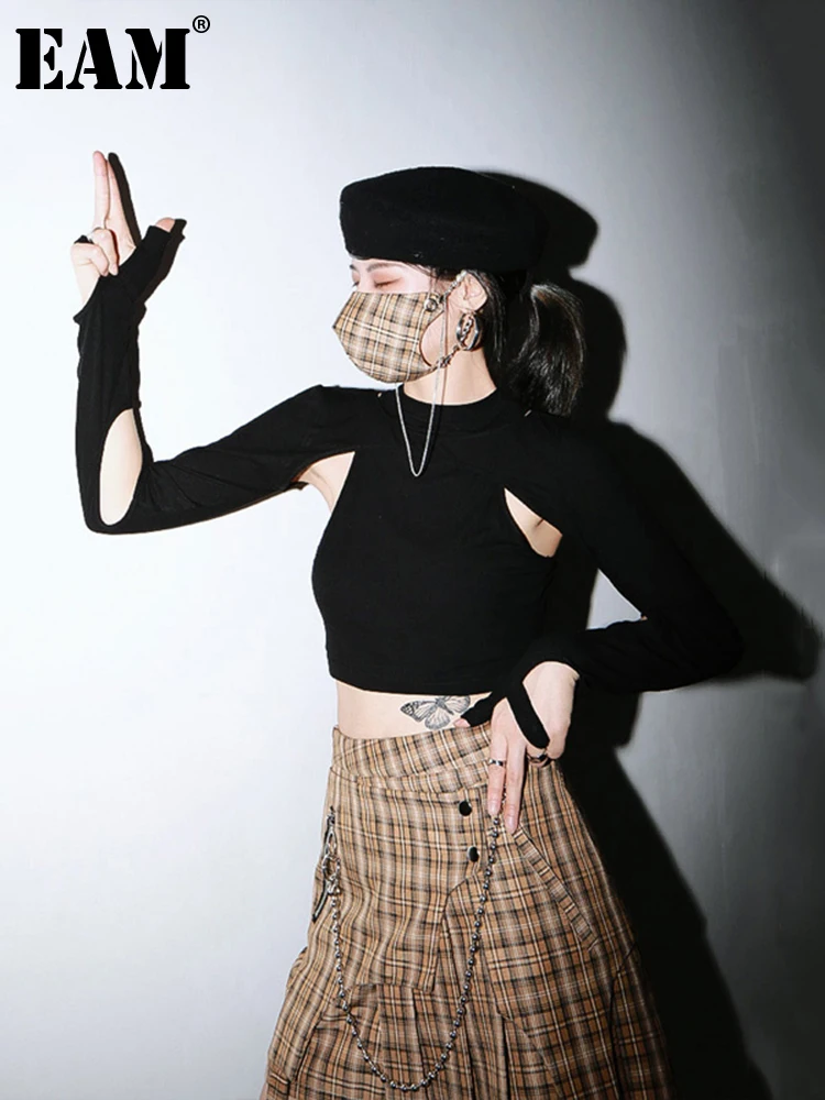 

[EAM] Women Black Hollow Out Cool Ways Wear Slim Personality T-shirt New Round Neck Long Sleeve Fashion Spring Summer 2022 1U381