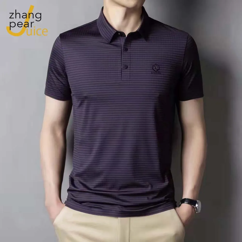 

2022 New Fashion Brand Polo Shirt Men's Summer Turn Down Collar Slim Fit Stripe Button Breathable Polos Casual Men Clothing