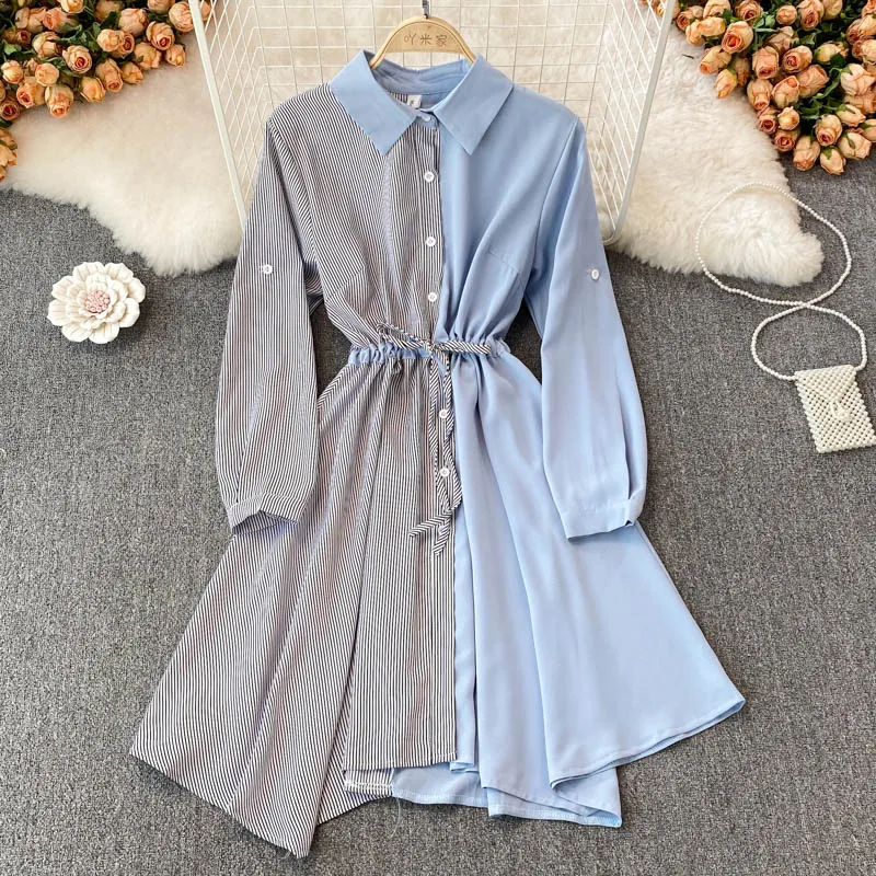 

Spring Autumn Retro Was Thin Waist Belted Long-sleeved Striped Shirt Vestidos Female Irregular A-line Mini Dress KK1841