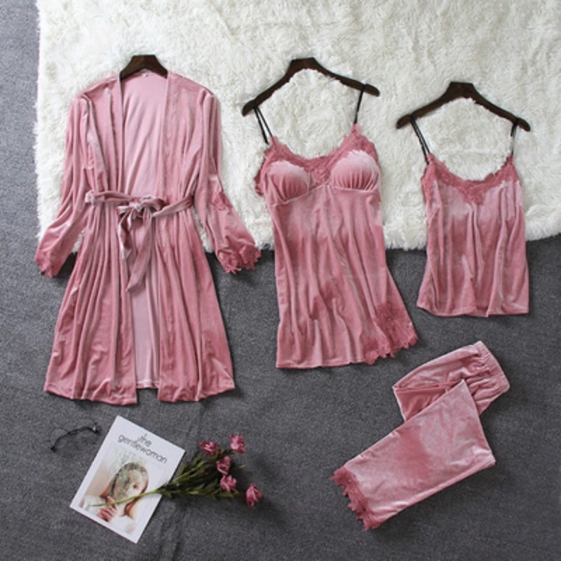 

Autumn and Winter Gold Velvet Velvet Pajamas Set Women's Suspender Nightdress Sexy Nightgown Four-piece Suit Can Be Worn Outside