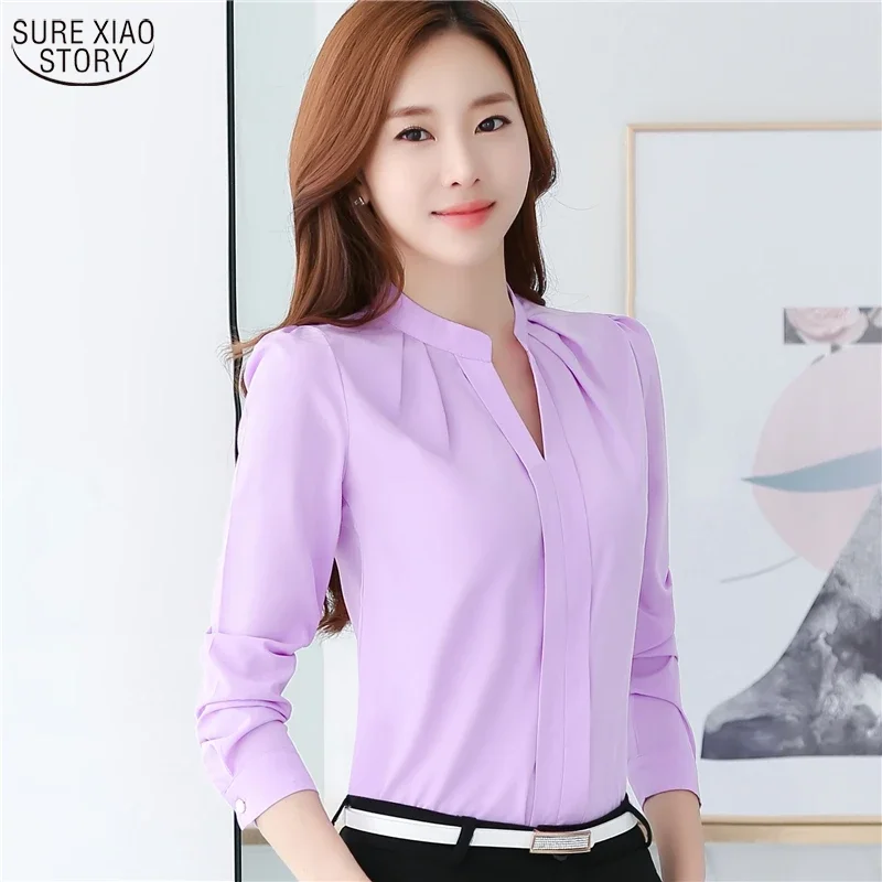 

2017 New Arrival Summer Autumn Plus Size Blusas Women Chiffon Shirt Elegant Solid V-neck Slim Casual Women Blouses 881B 37