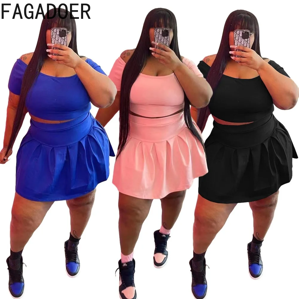 FAGADOER Plus Size Clothing L-5XL Women Off Shoulder Short Sleeve Crop Top + Mini Skirt Two Piece Sets Summer Female Streetwear