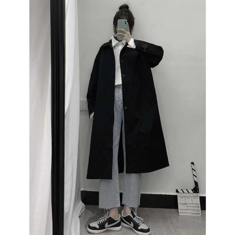 

Deeptown Korean Fashion Streetwear Trench Women's Jacket Oversized New In Outerwear Long Overcoat Black College Outdoor Loose