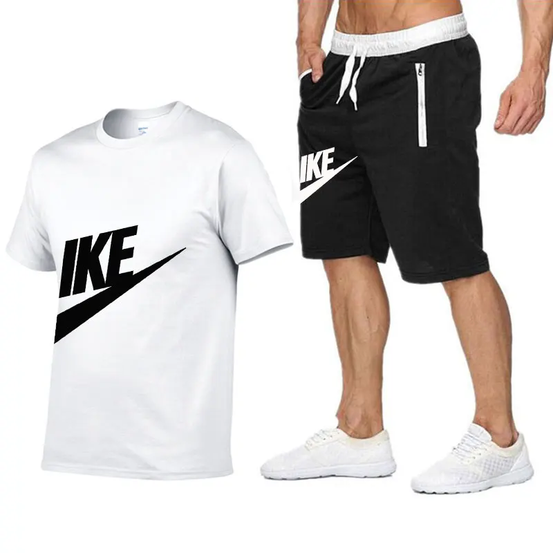Men's Summer Two Piece Short Sleeve T-shirt Sportswear Tracksuit+Zipper Shorts Summer Breathable Casual Quick Dry Jogging Pants