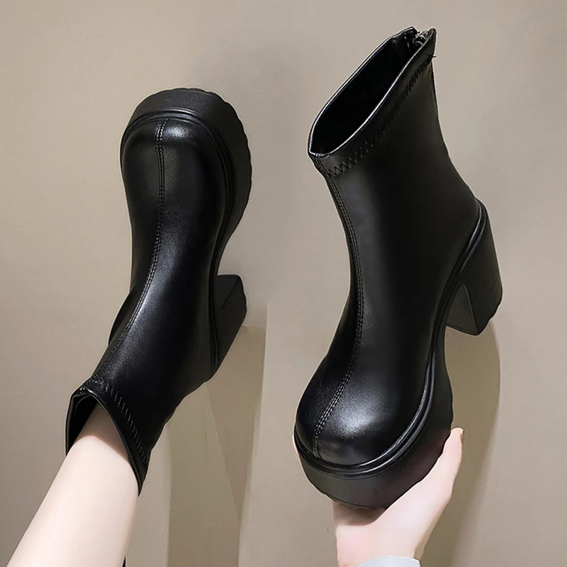 

Женские ботильоны на массивной платформе, черные ботинки из искусственной кожи в стиле панк на толстом каблуке, с молнией сзади, обувь на очень высоком каблуке