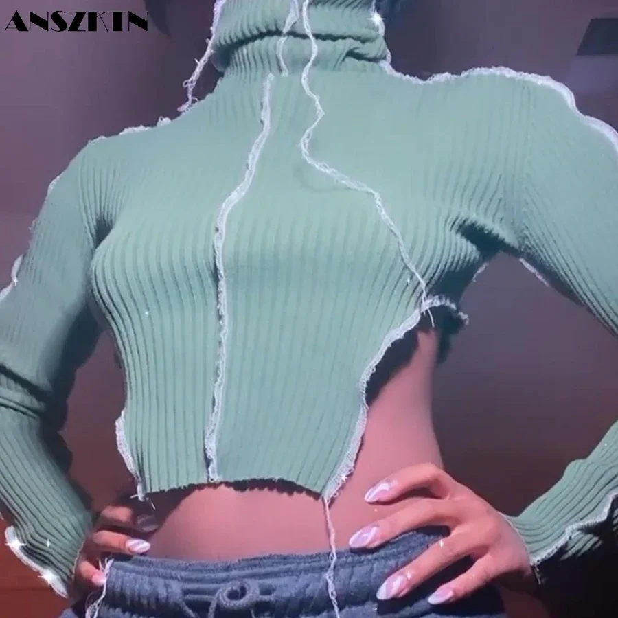 ANSZKTN новые поступления осенние полосатые женские топы в рубчик стиле пэчворк