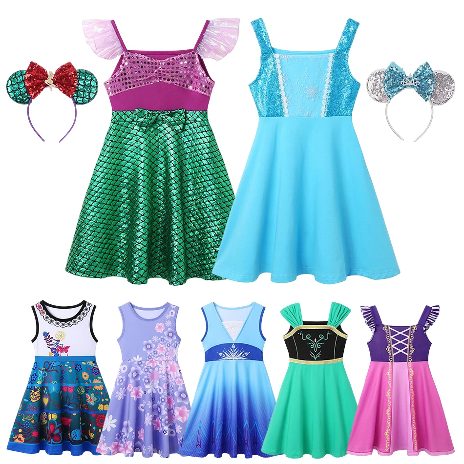 

2023 New Girls Frozen Princess Dress Elsa Anna Clothes Kids Cotton Cinderella Jasmine Birthday Children Costume Summer Clothes