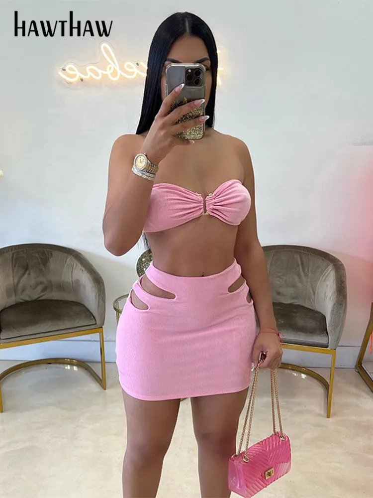 

Hawthaw Women Tube Tops Mini Skirt Sexy Two Piece Matching Sets Vacation Outfit 2022 Summer Clothes Wholesale Items For Business
