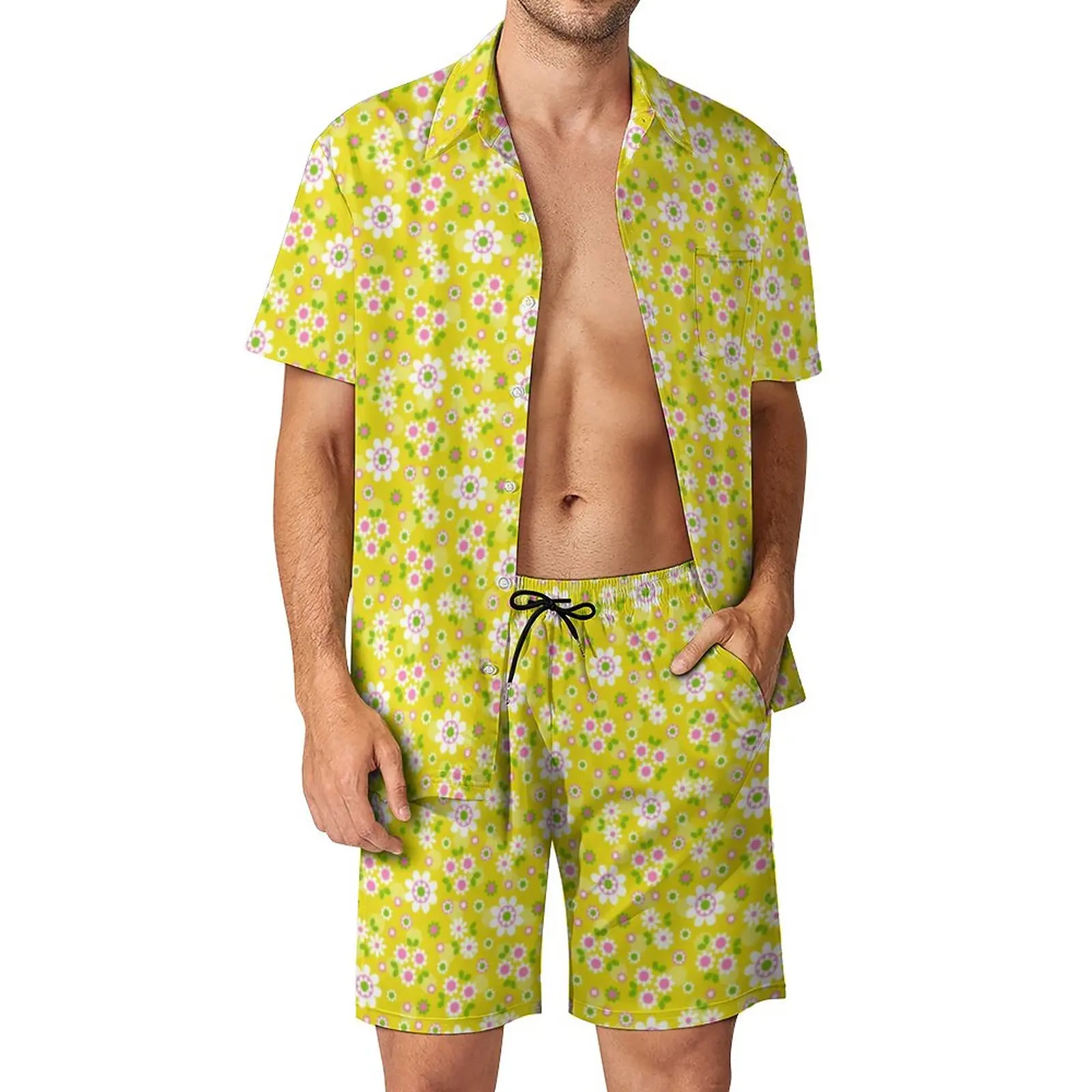 

Retro Mod Men Sets Flowers Yellow Print Retro Casual Shirt Set Short Sleeves Shorts Summer Outdoor Suit Big Size 2XL 3XL