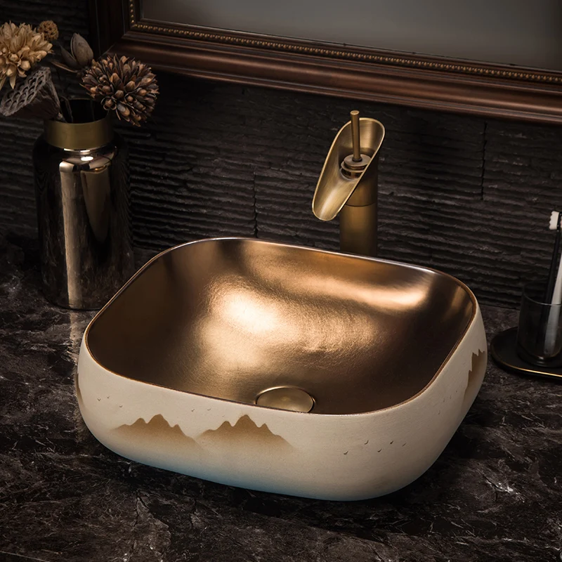 

Gold Europe style chinese washbasin sink Jingdezhen Art Counter Top ceramic bathroom sink tops bathroom sinks