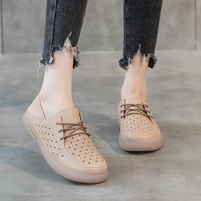 Flat Shoes Women's Genuine Leather Small White Shoes 2023 New Breathable Openwork Loafers Comfortable Nurse Shoes Single Shoes