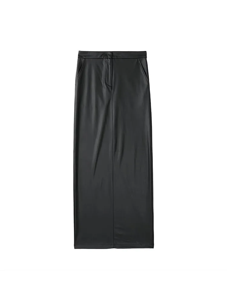 

Women 2022 autumn New Chic Fashion Imitation leather After the split Midi skirt Vintage Zipper Female Skirts Mujer
