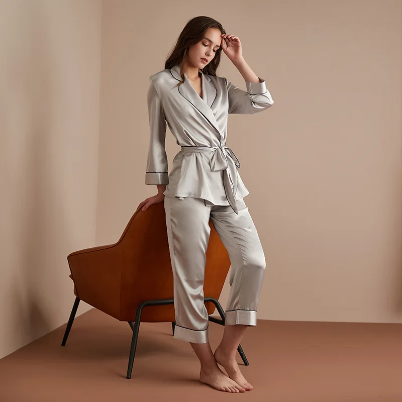 

Women's Pajamas Set Spring Satin Imitation Silk Long Sleeve Nightgown Ankle-Length Pants Set Solid Color Sleepwear Home Clothes