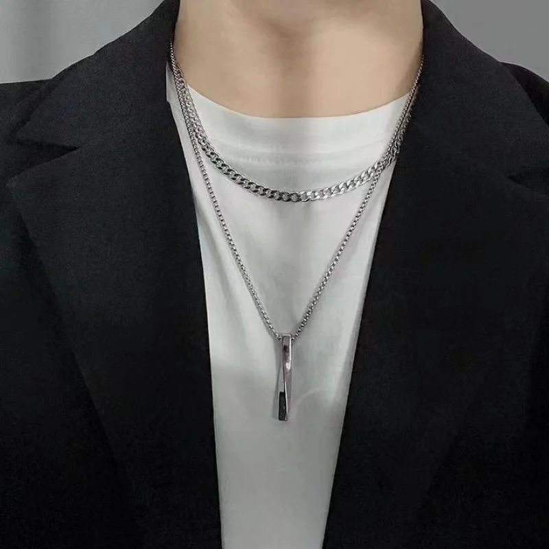 

Hong Kong wind simple design titanium steel spiral strip double layer necklace men's tide wind hoodie pendant