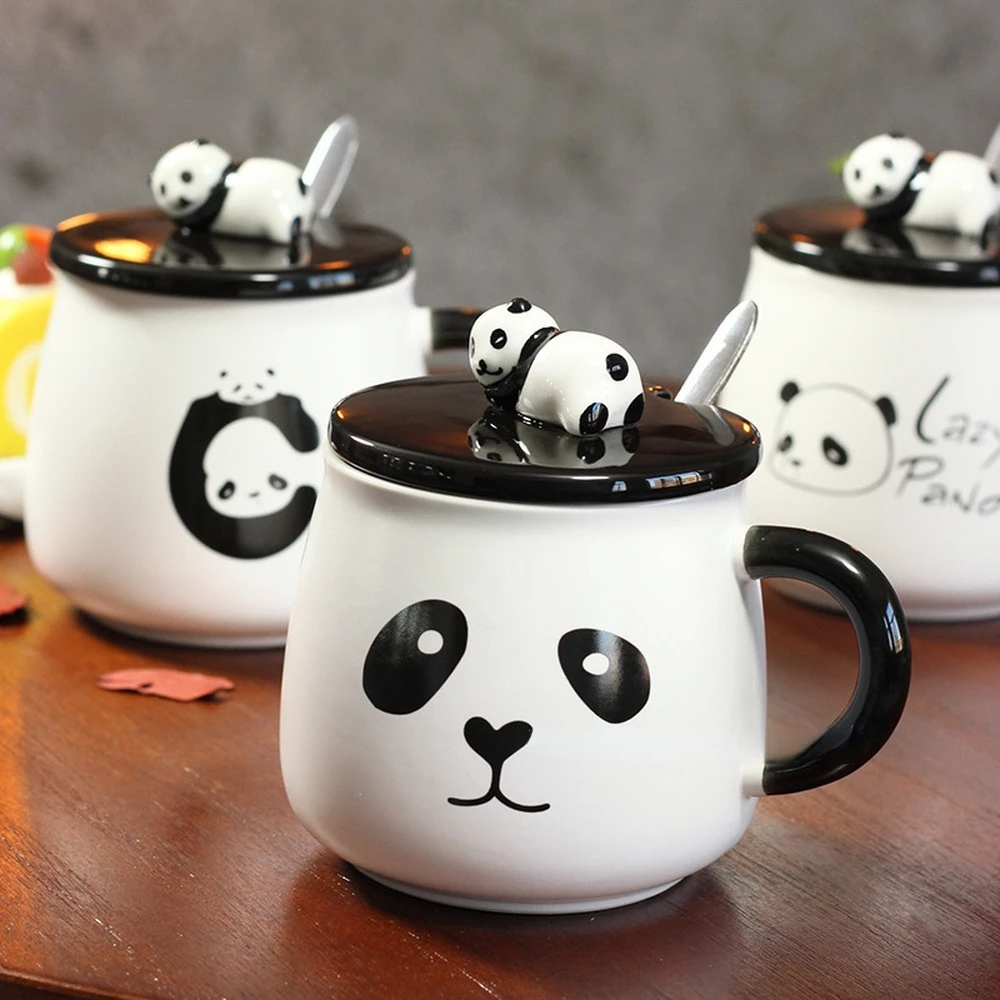 

FSILE 400ML Creative Cute Cartoon Panda Ceramic with Lid with Spoon Mug Home Breakfast Milk Coffee Cup We Drink Water Cups