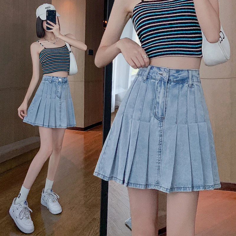 

Свободная плиссированная джинсовая юбка JK 6XL, женская летняя модная синяя Сексуальная короткая мини-юбка трапециевидной формы с высокой талией