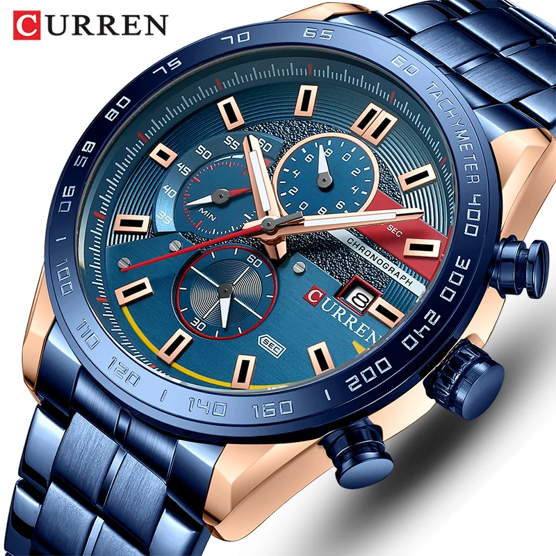 

CURREN хронограф мужские часы Спортивные Повседневные часы из нержавеющей стали светящиеся наручные часы для мужчин модные креативные дизайнерские кварцевые часы