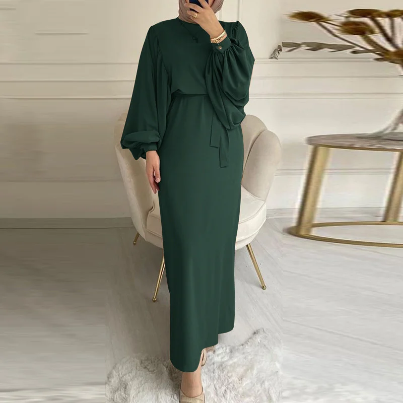 Elegant Muslim Modest Dress Fashion Belted Maxi Dubai Abayas For Women Party Long Sleeve Middle Eastern Dresses Ramadan Robe