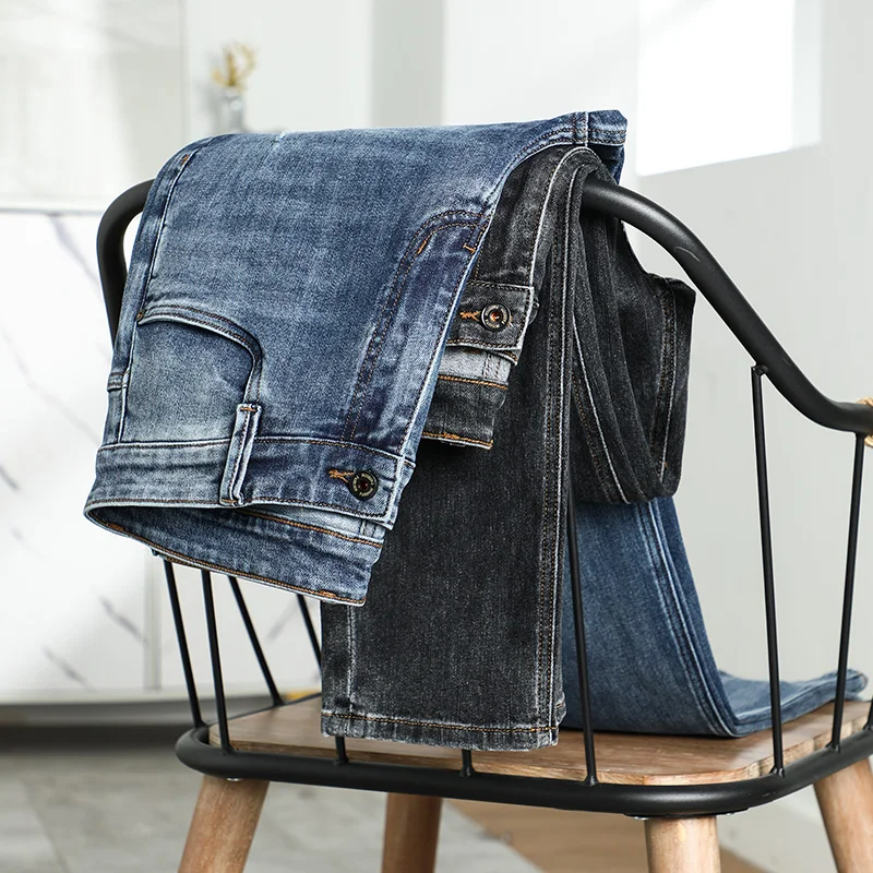 

Autumn and Winter Jeans Classic Men's High Waist Business Grey Blue Straight Elasticity Denim Trousers Male Brand Thick