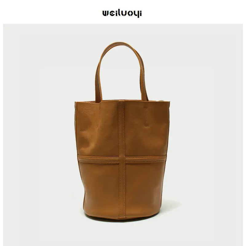 

Genuine Leather Women Soft Casual Bucket Handbag High Quality Handmade