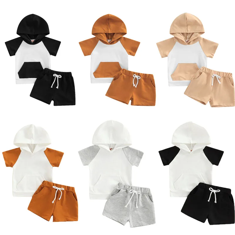 

Summer Casual Newborn Boys Clothes Outfits 0-3Y Contrast Color Patchwork Short Sleeve Hooded Pocket Tops + Elastic Waist Shorts