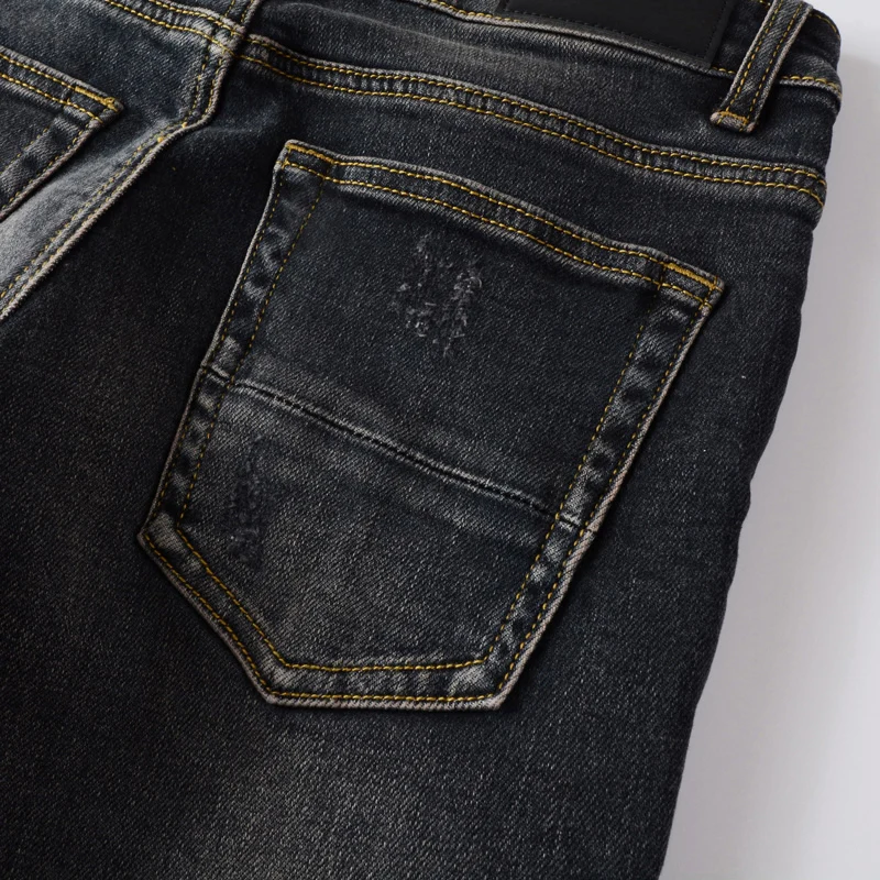 Street Fashion Men Jeans Retro Black Blue Elastic Stretch Skinny Ripped Jeans Men Yellow Patched Designer Hip Hop Brand Pants