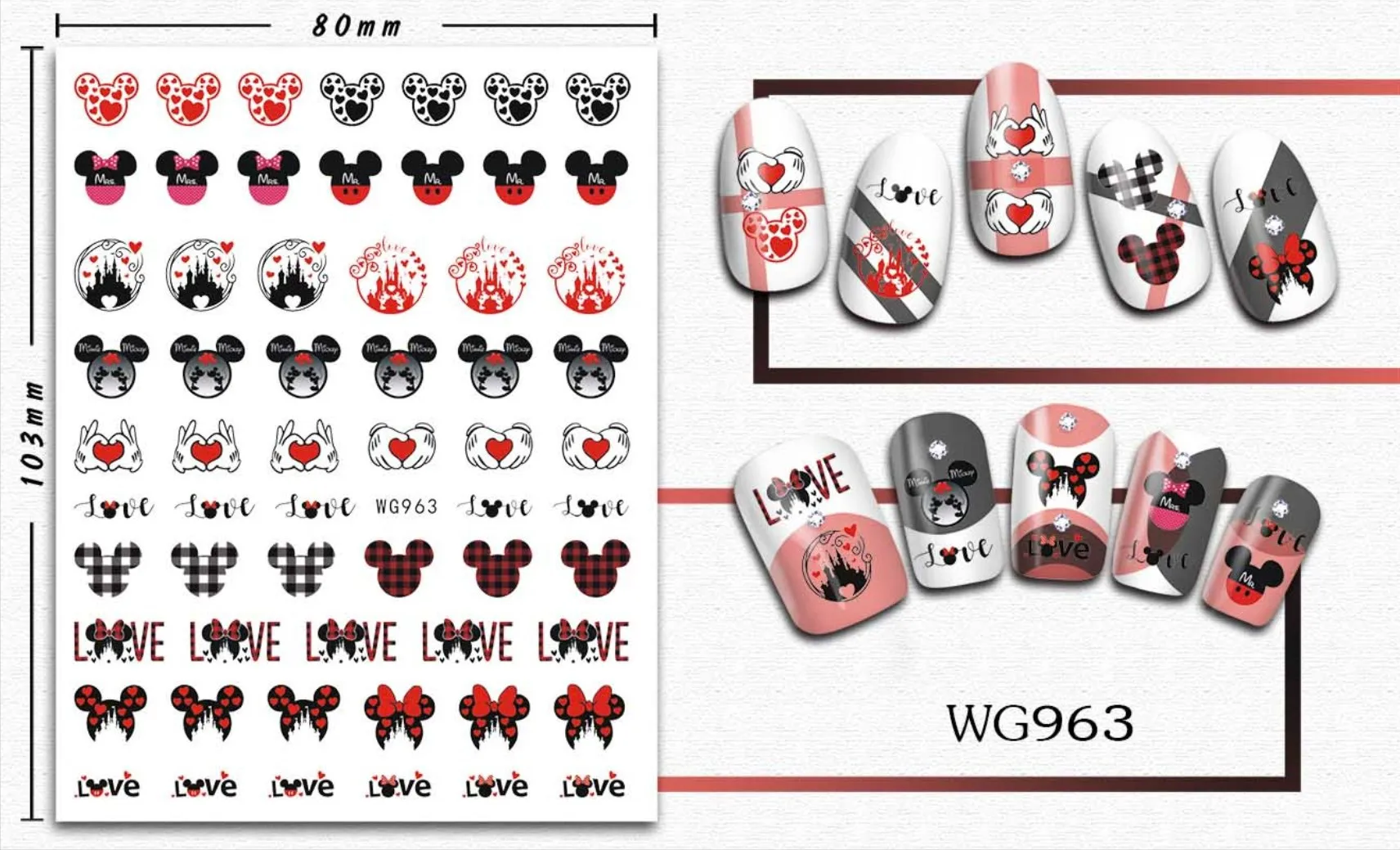 Disney Valentine's Day Cartoon Mickey Mouse Nail Sticker Decoration Princess Stitch 3D Art Supplies