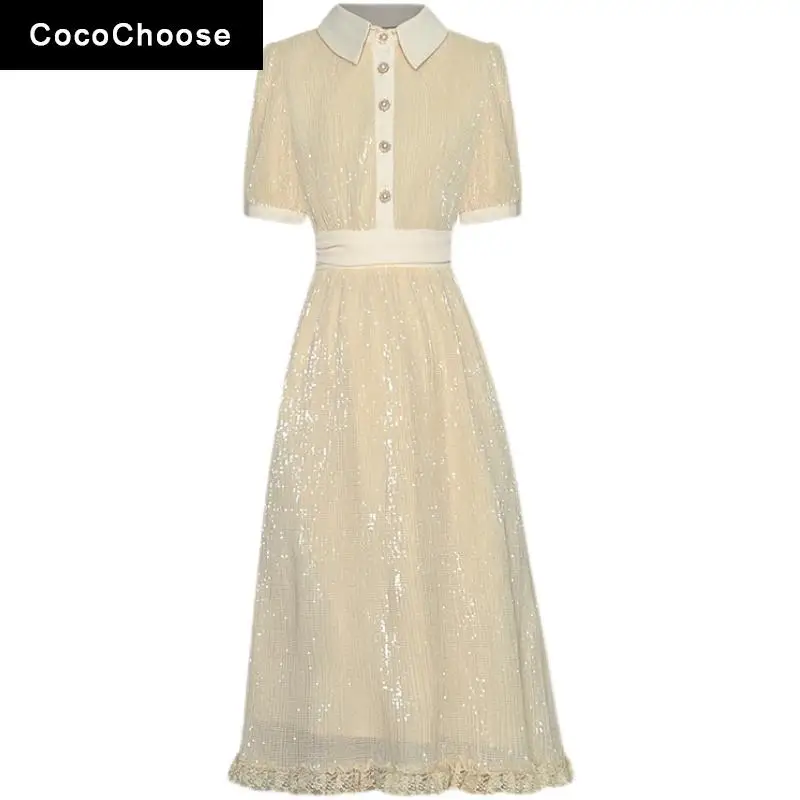 

Luxury Sequined Sparkly Dress Spring Summer 2022 Runway Fashion Lapel Short Sleeve Slim Waist Elegant Women Party Dresses Gold