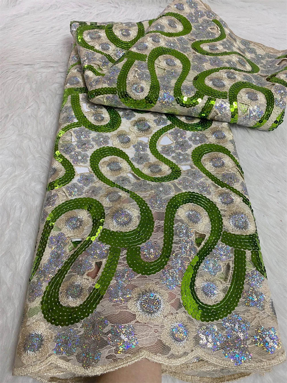 Африканская сетчатая зеленая кружевная ткань для шитья одежды блесток тюль